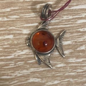 Amber fish pendant sterling silver - NOS